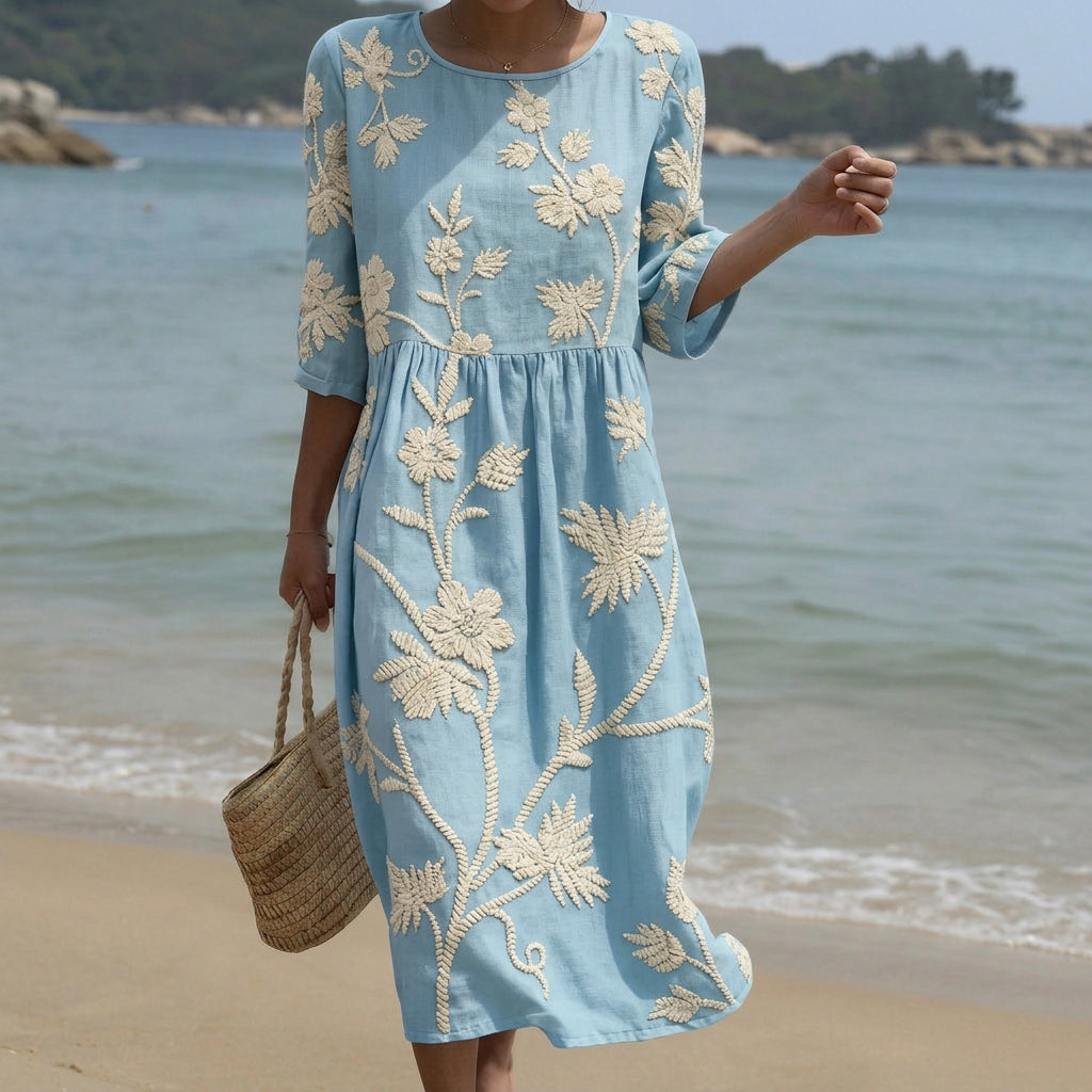 Cátia - Robe Midi avec Imprimé de Plantes et de Fleurs