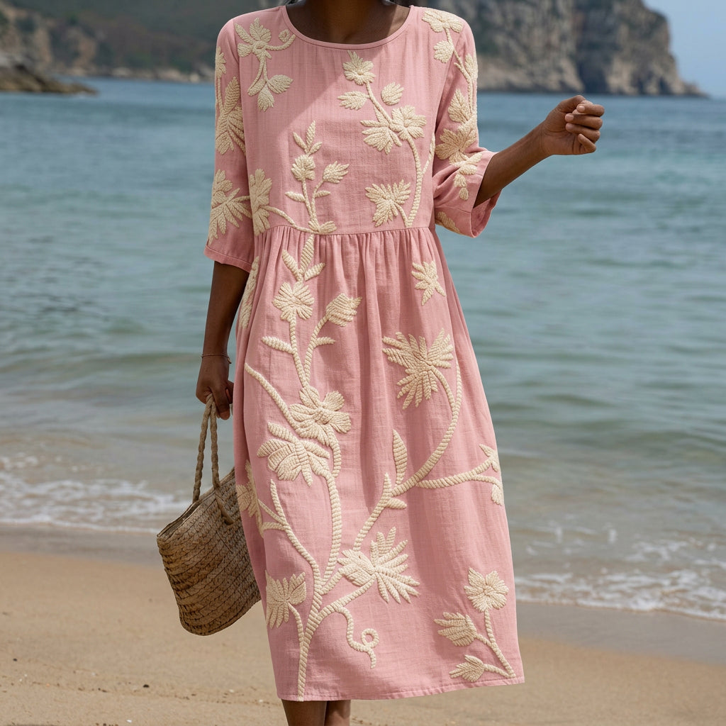 Paula - Robe Midi avec Imprimé de Plantes et Fleurs