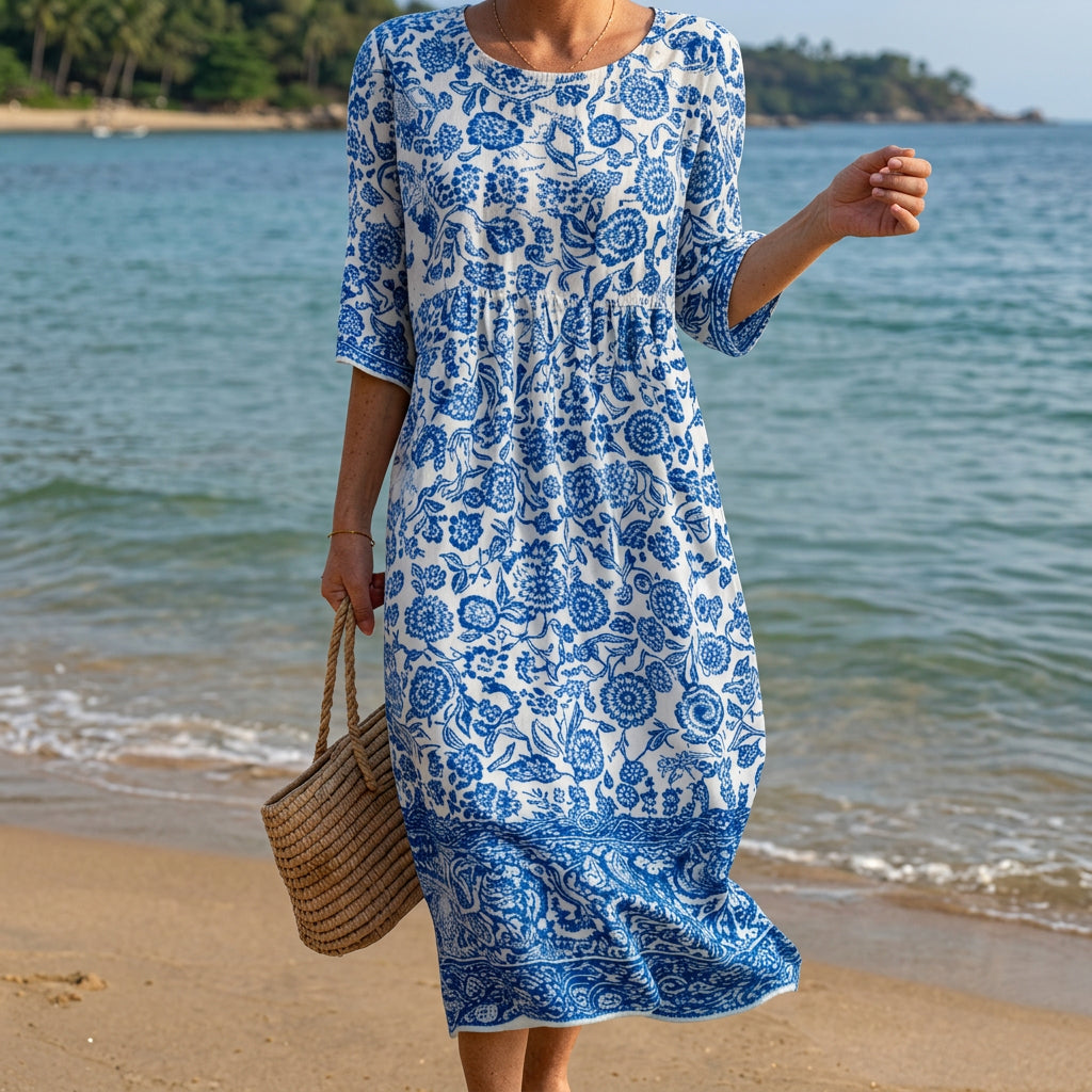 Liana - Robe Maxi à Col Rond avec Imprimé